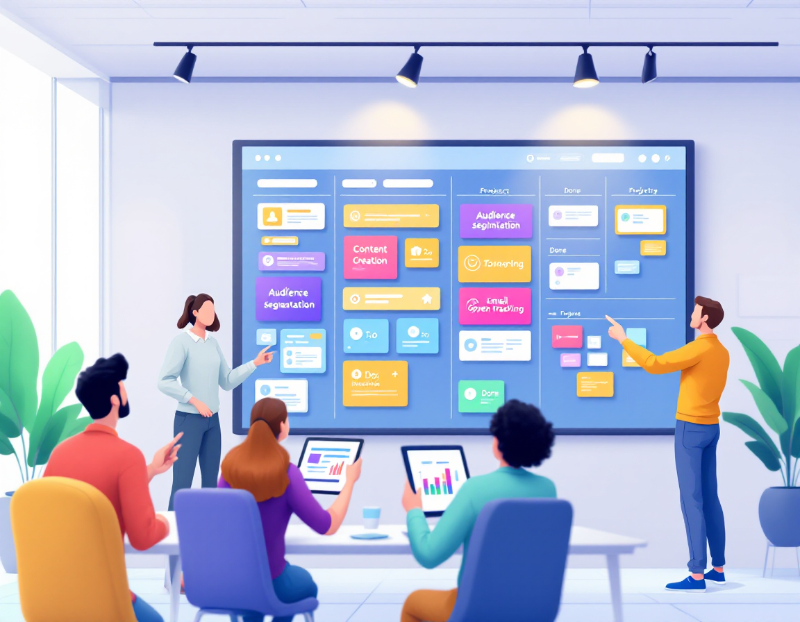 Команда координирует проекты на интерактивной доске с канбаном и диаграммой Ганта