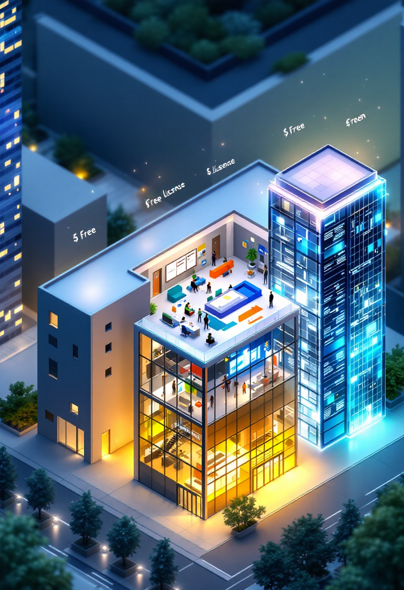 Иллюстрация здания, символизирующего три типа лицензий Bitrix24 с возрастающей сложностью и стоимостью.