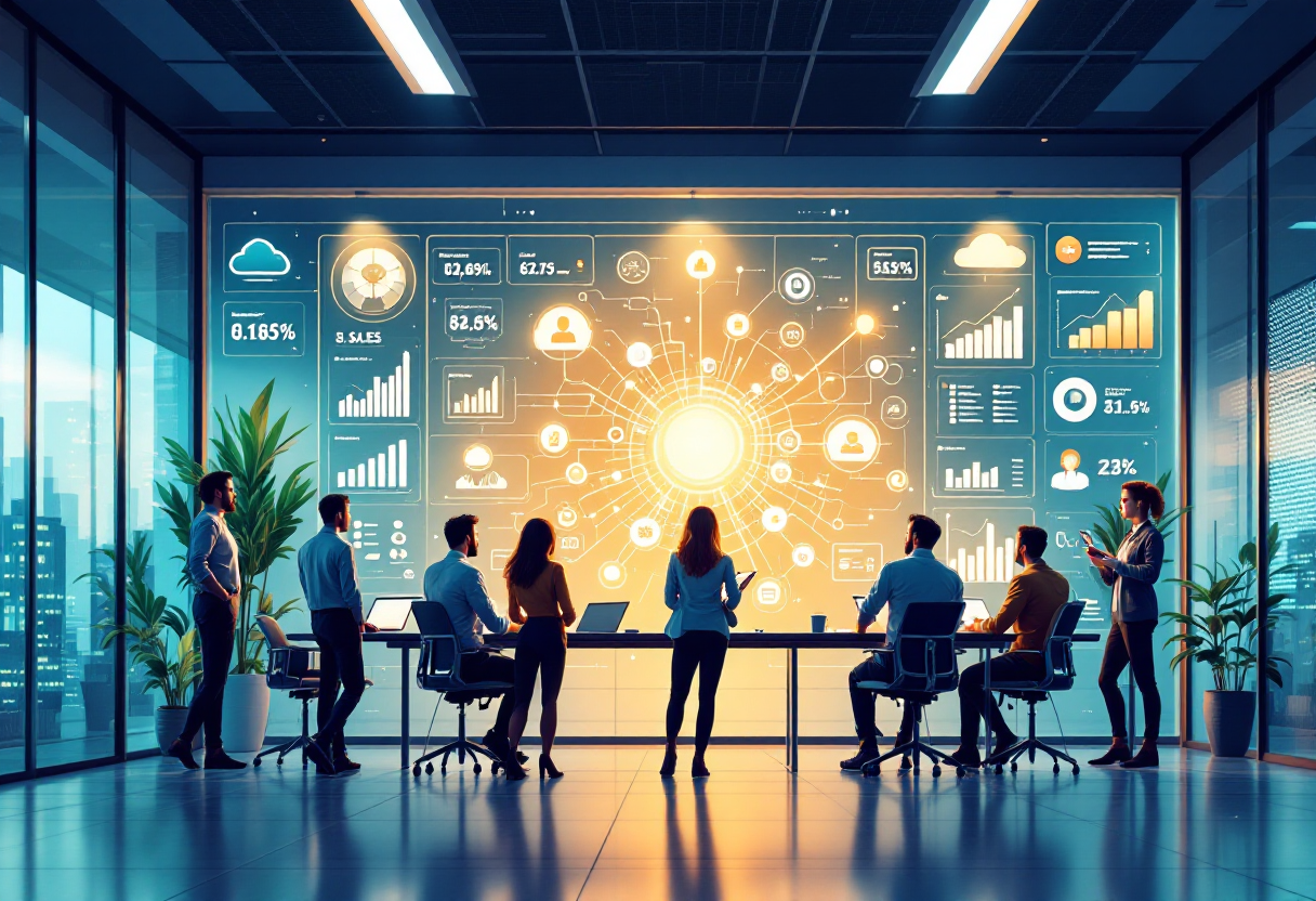 Команда бизнесменов эффективно работает в современном офисе с цифровыми панелями, символизируя преимущества Bitrix24.