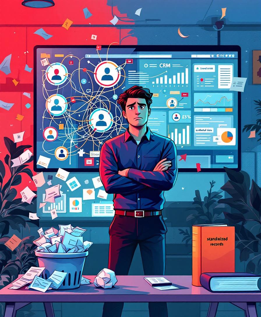 Бизнесмен перед загромождённым экраном CRM с дублирующимися данными и мусорной корзиной устаревшей информации, символизирующий ошибки внедрения CRM.