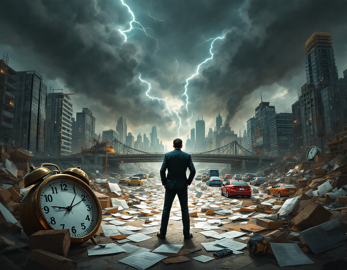 Хаотичная сцена с перегруженным бизнесменом среди разбросанных бумаг и незавершённых проектов на фоне разрушающегося моста и пробок.