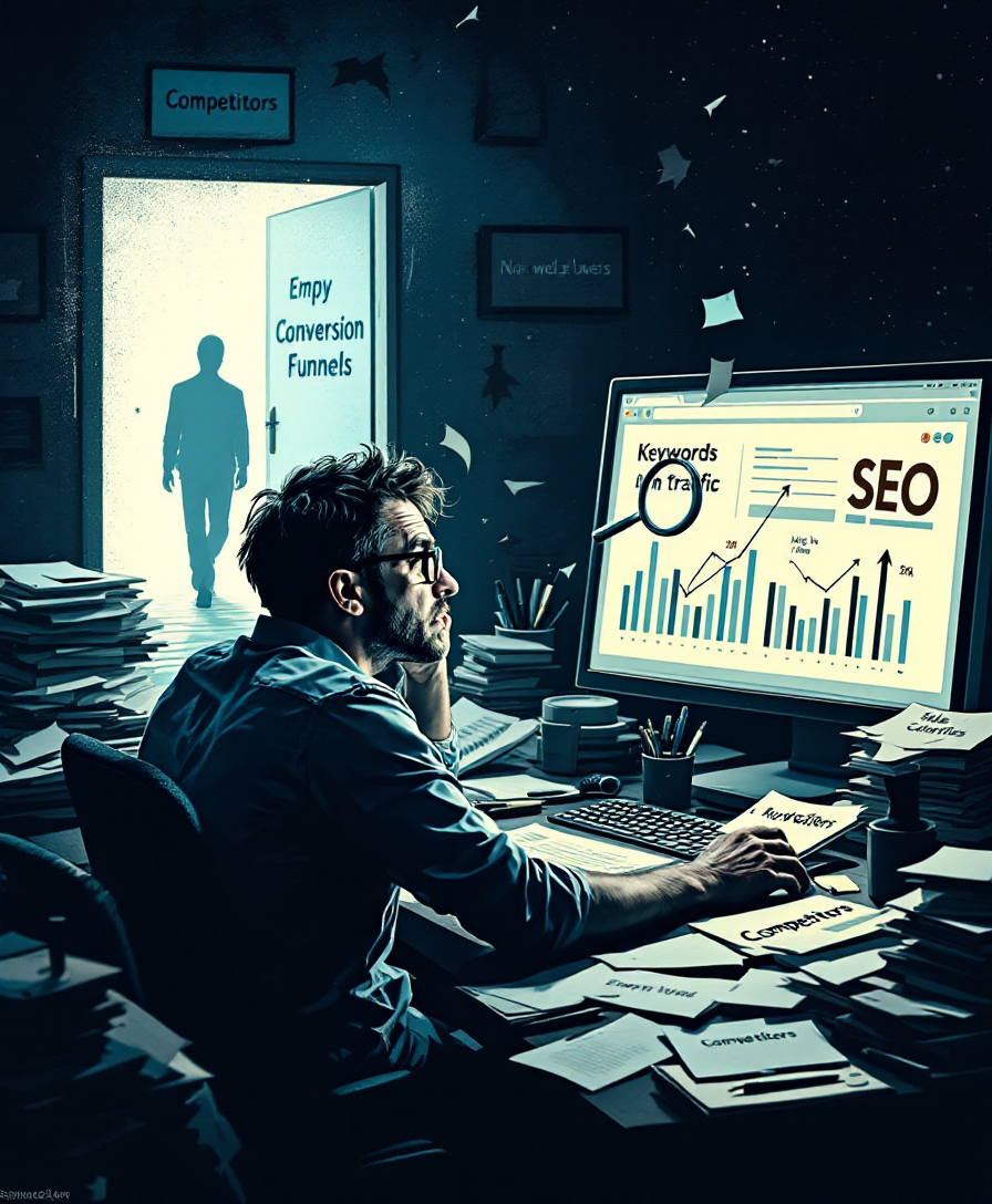 Разочарованный маркетолог за столом с аналитикой высокого трафика, но без конверсий, пользователи уходят к конкурентам