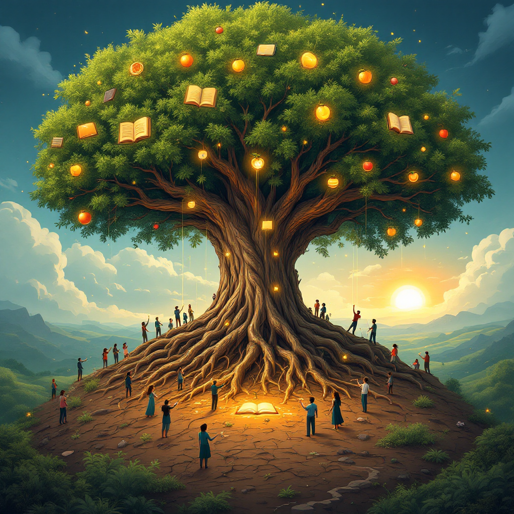 Древнее дерево с глубокими корнями и разнообразными листьями, символизирующее построение долгосрочных отношений через контент, с людьми, ухаживающими за ним.