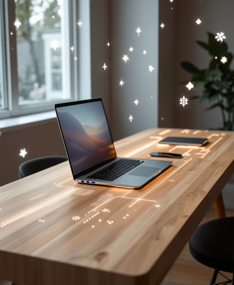 Современный рабочий стол с ноутбуком и интегрированными ключевыми словами в дизайне