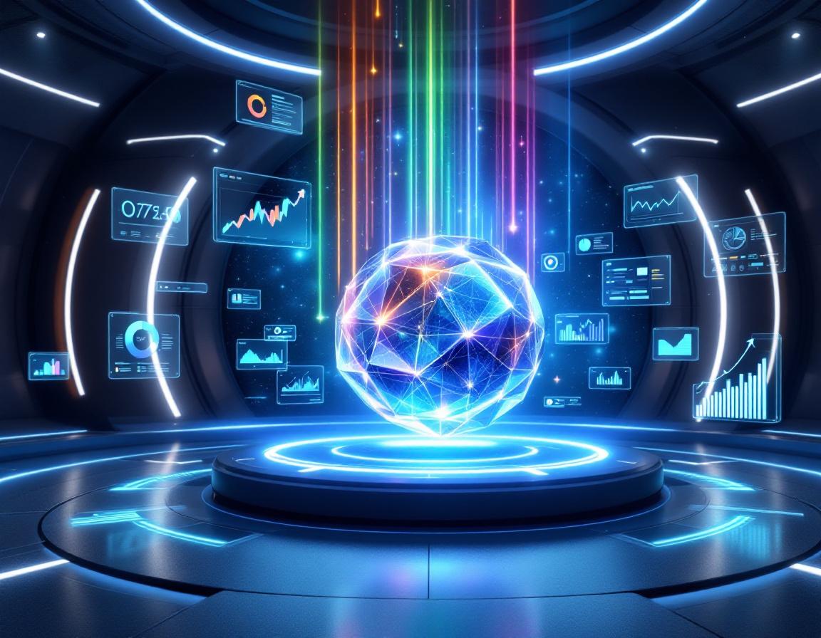 Символическое изображение анализа контентной стратегии с кристальным шаром и голографическими графиками в футуристической комнате.