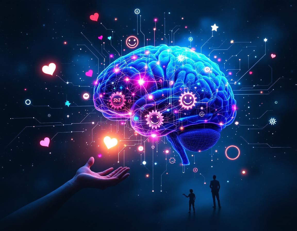 Мозг, окружённый алгоритмами и эмоциональными символами, символизирующий психологическое влияние контента.