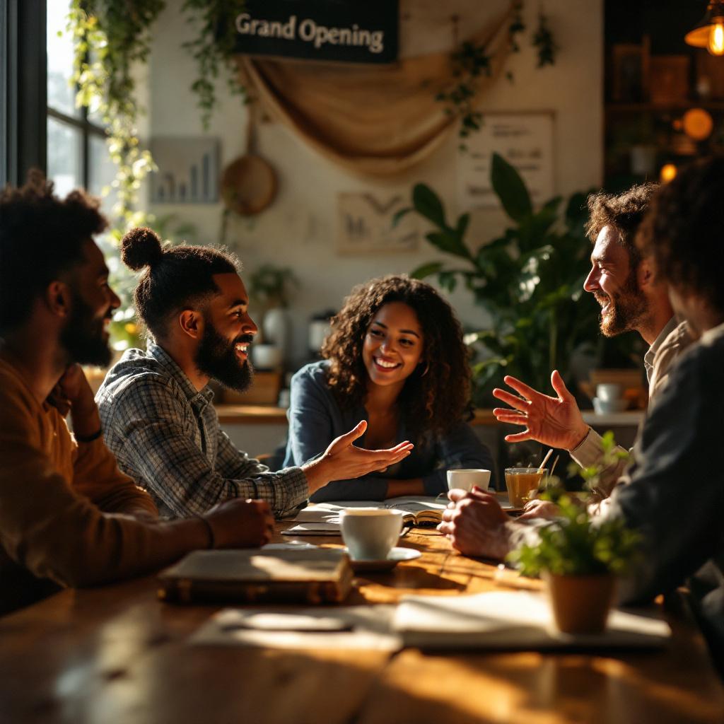 Люди в уютной кофейне слушают рассказчика, символизируя эмоциональную силу маркетингового сторителлинга.