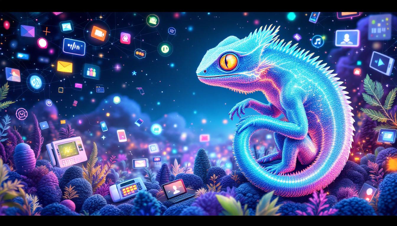 Хамелеоноподобная фигура, адаптирующаяся к цифровому ландшафту с голосовыми помощниками и умными устройствами.